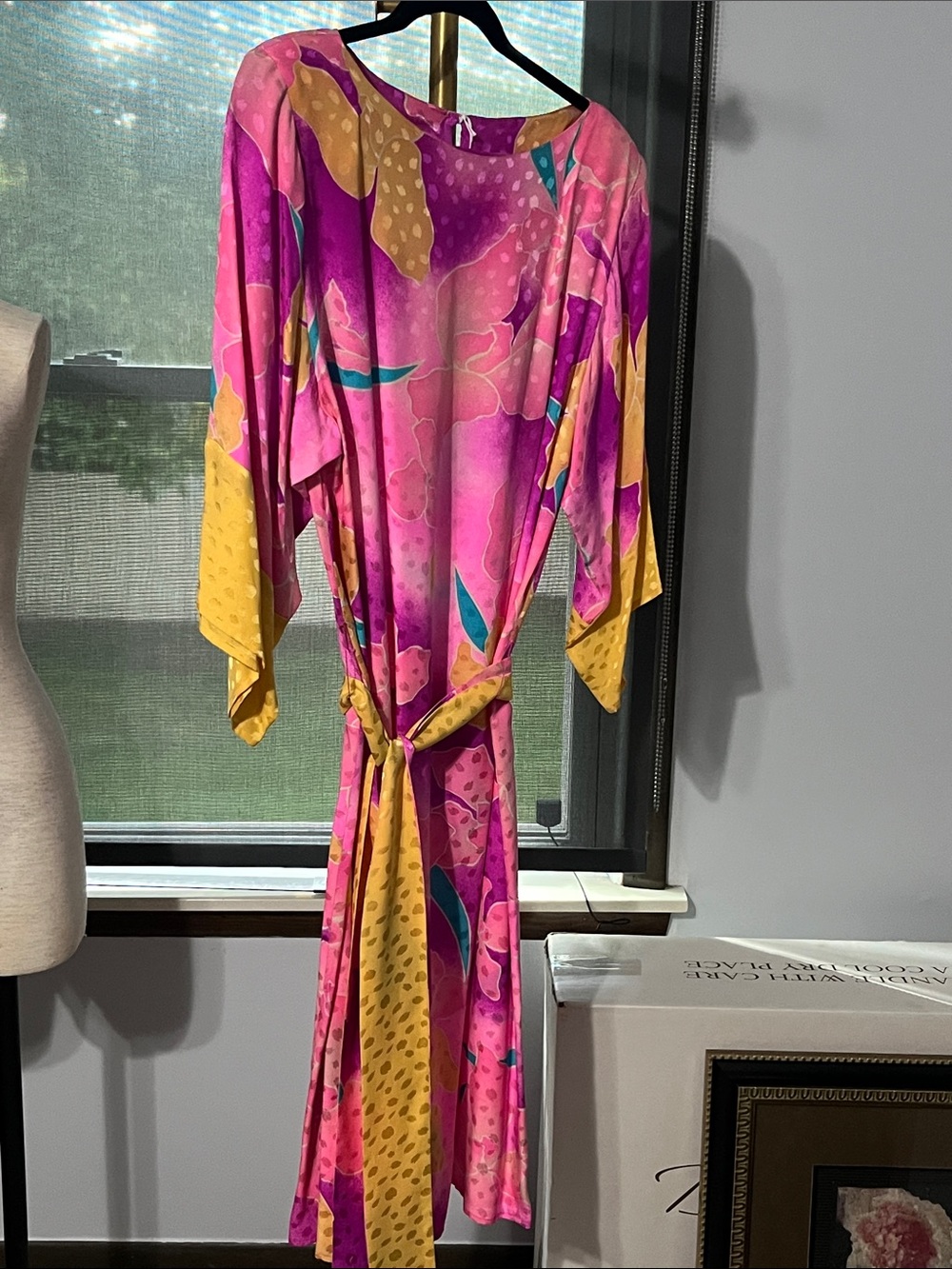 Bright Pink & Yellow Floral Midi Wrap Dress with Tie Waist